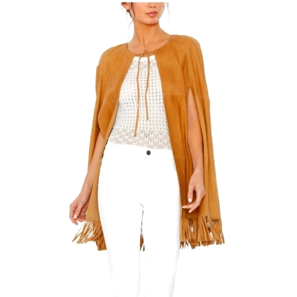 Womens Alice & Olivia Lyn Camel Goat Leather Cape Small - Picture 1 of 6